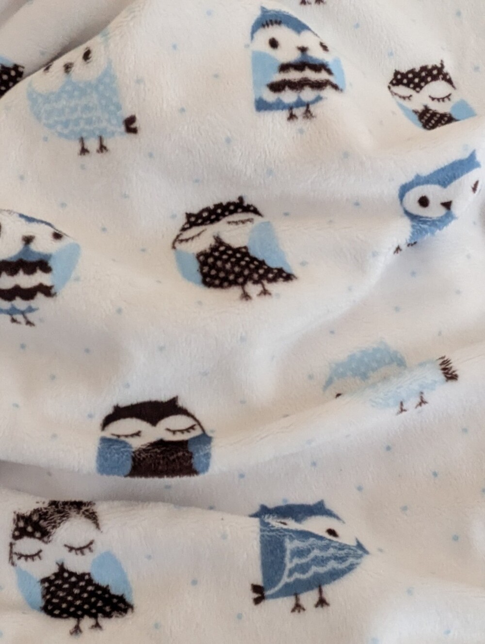 Velvety Owl Stretchy Fabric Blue Owls on Snowy White Background 63"x24"